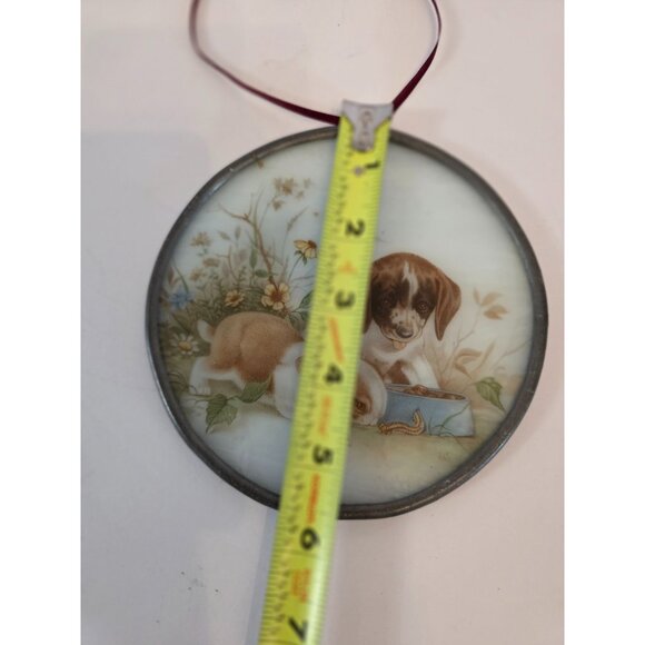 Vintage Round Stained Glass Hanging Decoration With Puppy & Bunny Suncatcher - Picture 4 of 4